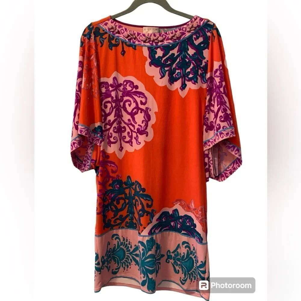 Hale Bob Flutter Sleeve Beaded Neckline Shift Dress Size Small Stretch